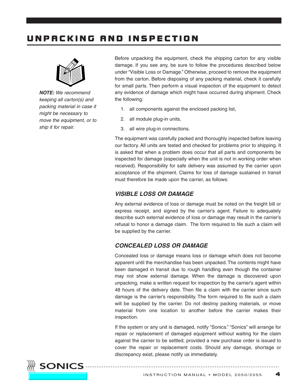 Unpacking and inspection, Visible loss or damage, Concealed loss or damage | Visible loss or damage concealed loss or damage | Sonics 2055-Press User Manual | Page 5 / 36