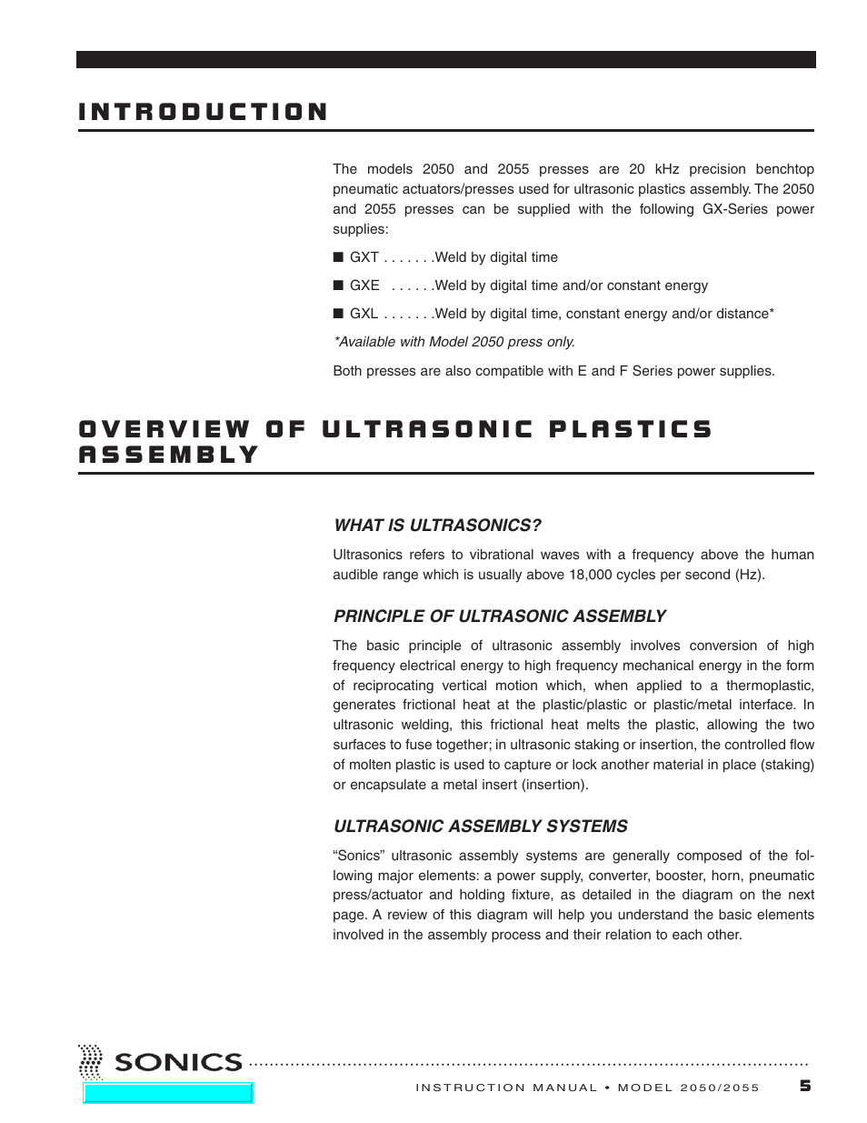 Introduction, Overview of ultrasonic plastics assembly, What is ultrasonics | Principal of ultrasonic assembly, Ultrasonic assembly systems | Sonics 2055-Press User Manual | Page 6 / 36