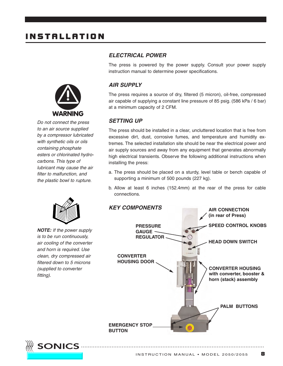 Installation, Electrical power, Air supply | Setting up, Electrical power air supply | Sonics 2055-Press User Manual | Page 9 / 36