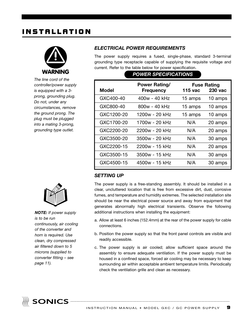 Installation, Electrical power requirements, Setting up | Electrical connections | Sonics GC User Manual | Page 10 / 30