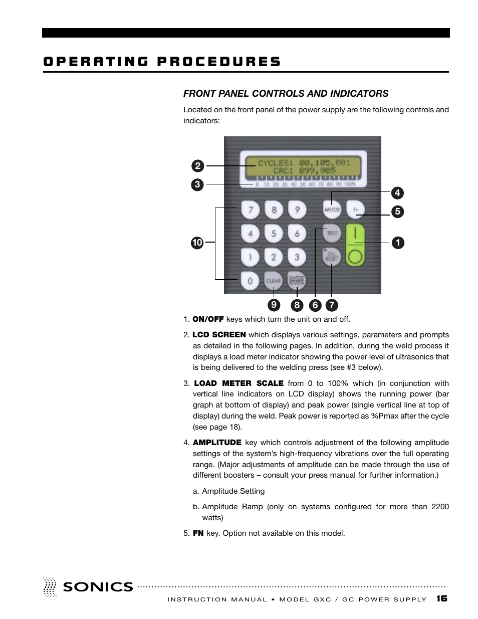 Operating procedures, Front panel controls and indicators | Sonics GC User Manual | Page 17 / 30