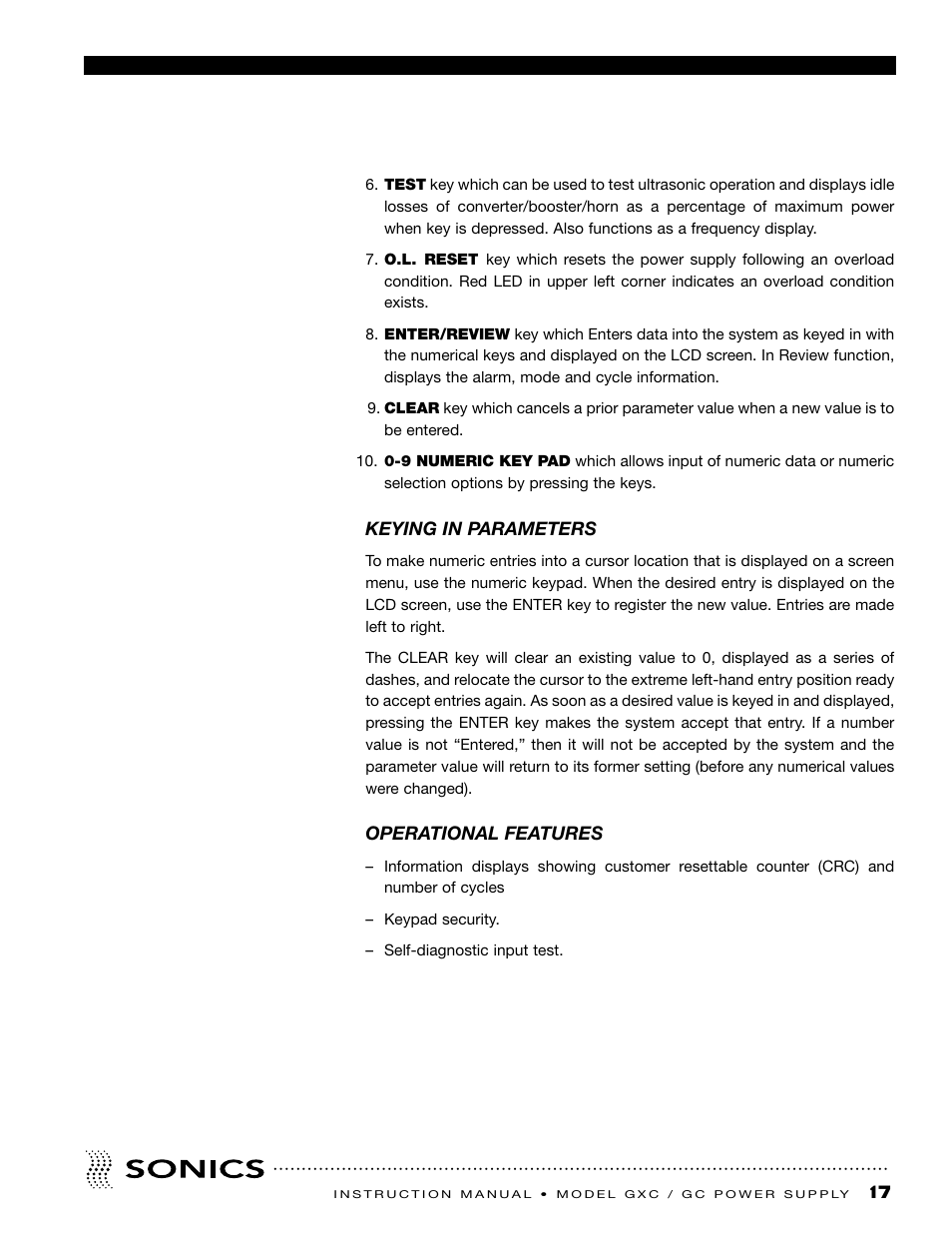 Keying in parameters, Operational features | Sonics GC User Manual | Page 18 / 30