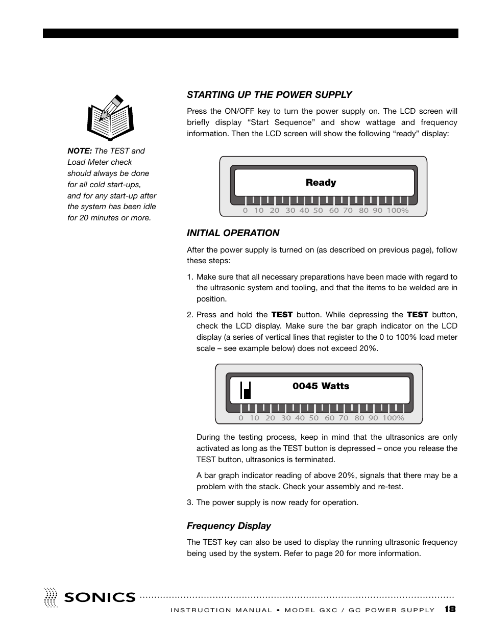 Starting up the power supply, Initial operation | Sonics GC User Manual | Page 19 / 30