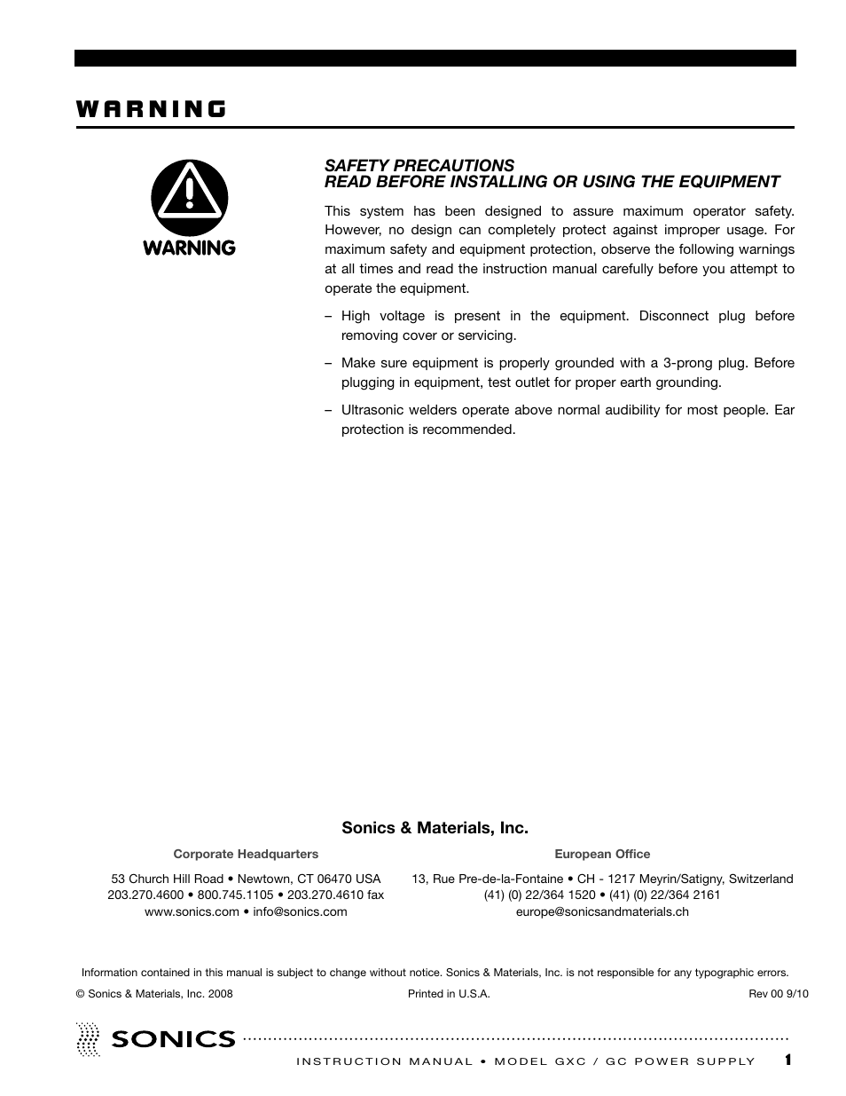 Warning, Sonics & materials, inc | Sonics GC User Manual | Page 2 / 30