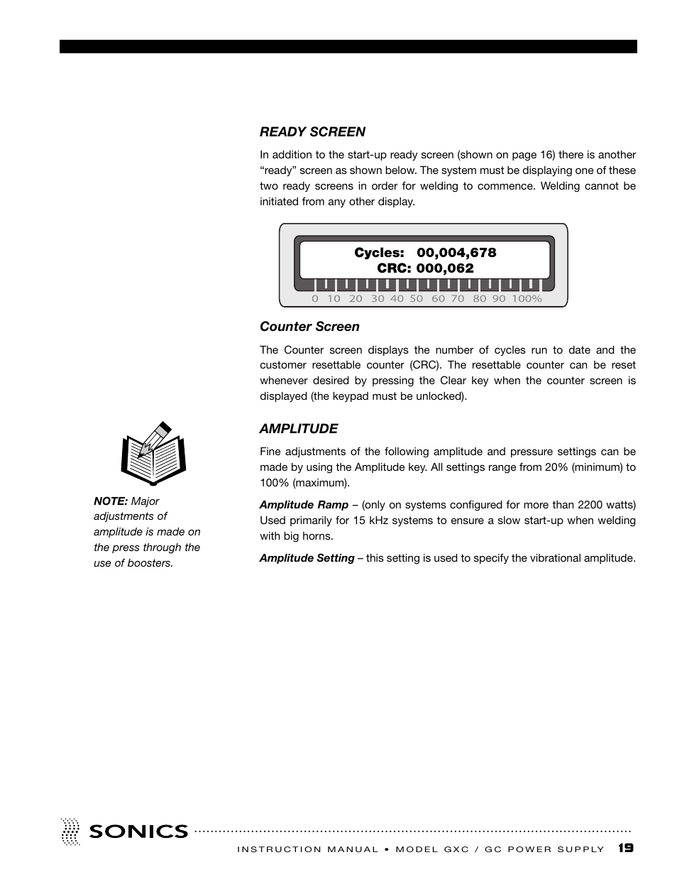 Ready screen, Amplitude | Sonics GC User Manual | Page 20 / 30