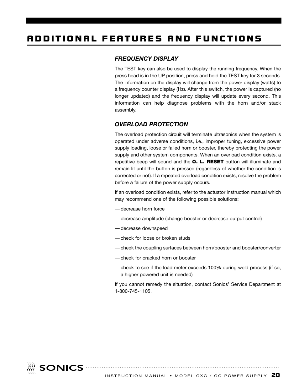 Additional features and functions, Frequency display, Overload protection | Sonics GC User Manual | Page 21 / 30