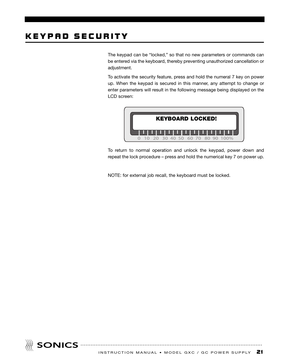 Keypad security | Sonics GC User Manual | Page 22 / 30