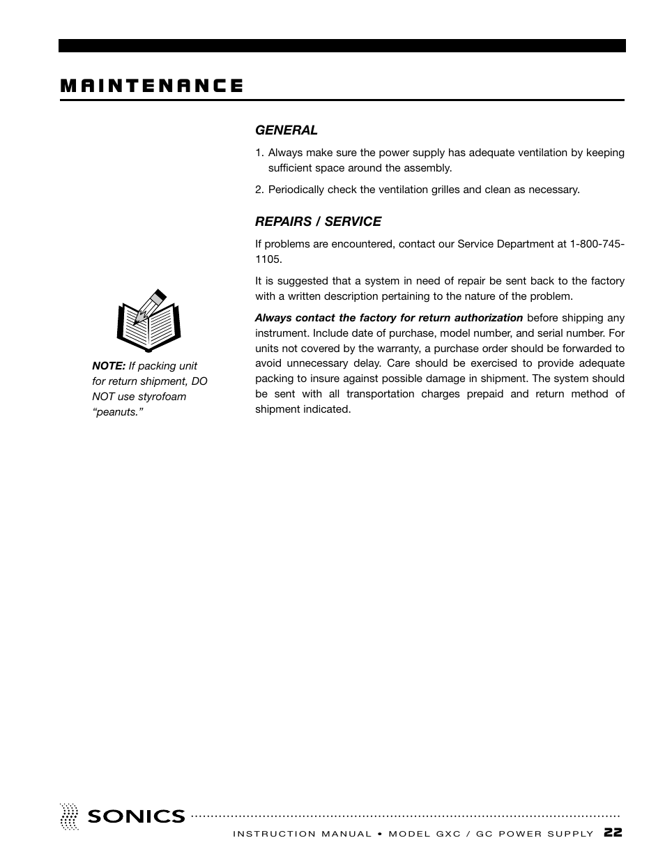 Maintenance, General, Repairs / service | Sonics GC User Manual | Page 23 / 30