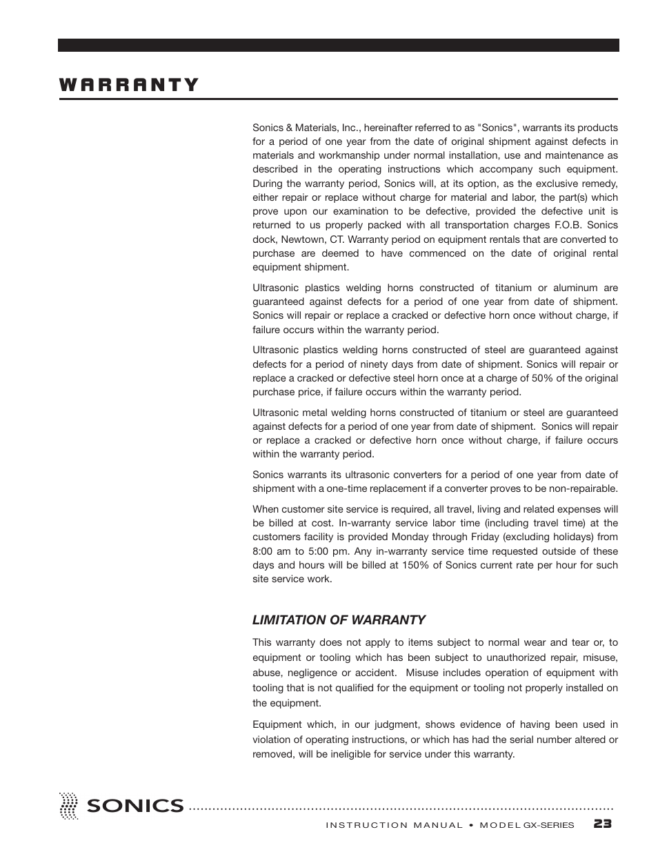 Warranty, Limitation of warranty | Sonics GC User Manual | Page 24 / 30