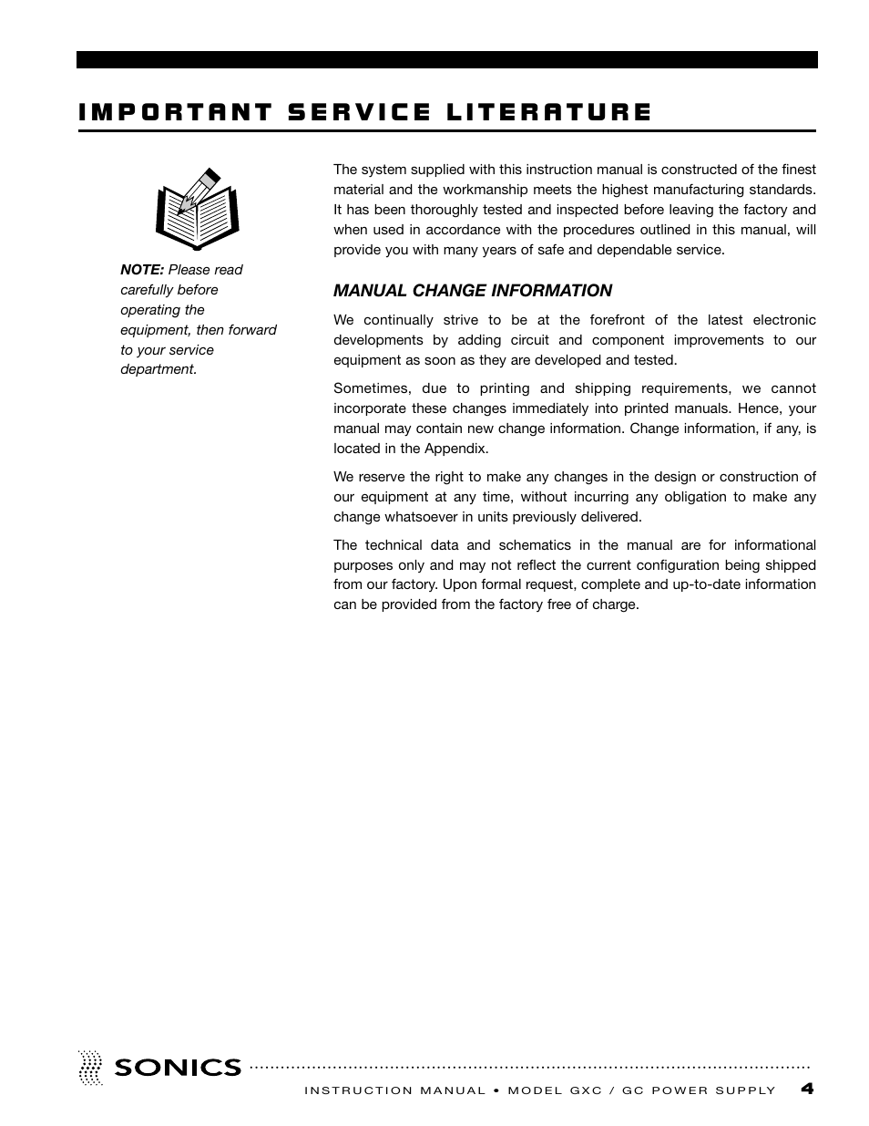 Important service literature, Manual change information | Sonics GC User Manual | Page 5 / 30