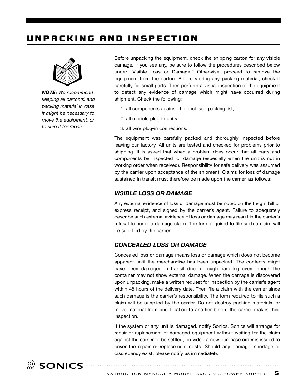 Unpacking and inspection, Visible loss or damage, Concealed loss or damage | Sonics GC User Manual | Page 6 / 30