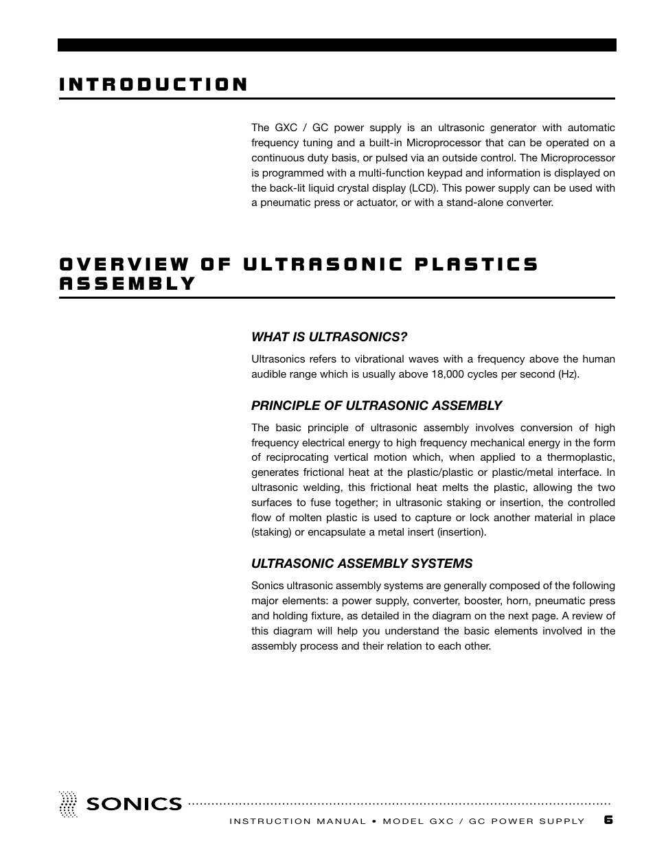 Introduction, Overview of ultrasonic plastics assembly, What is ultrasonics | Principle of ultrasonic assembly, Ultrasonic assembly systems, Principal of ultrasonic assembly | Sonics GC User Manual | Page 7 / 30
