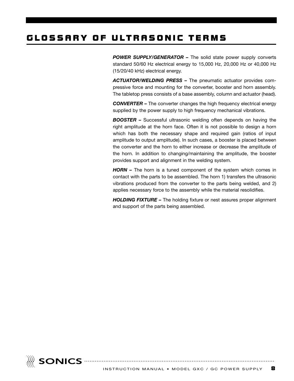 Glossary of ultrasonic terms | Sonics GC User Manual | Page 9 / 30