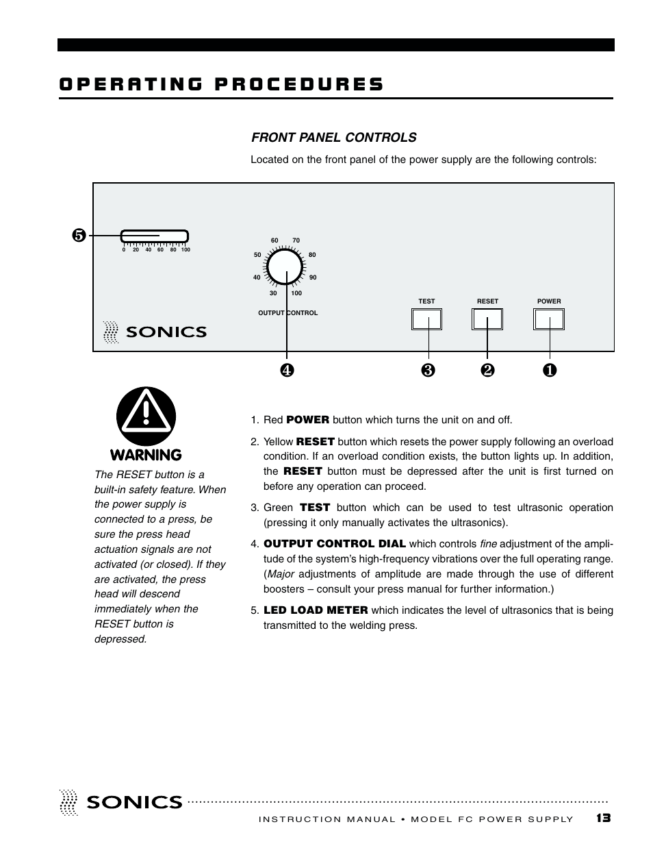 Front panel controls | Sonics FC User Manual | Page 14 / 24