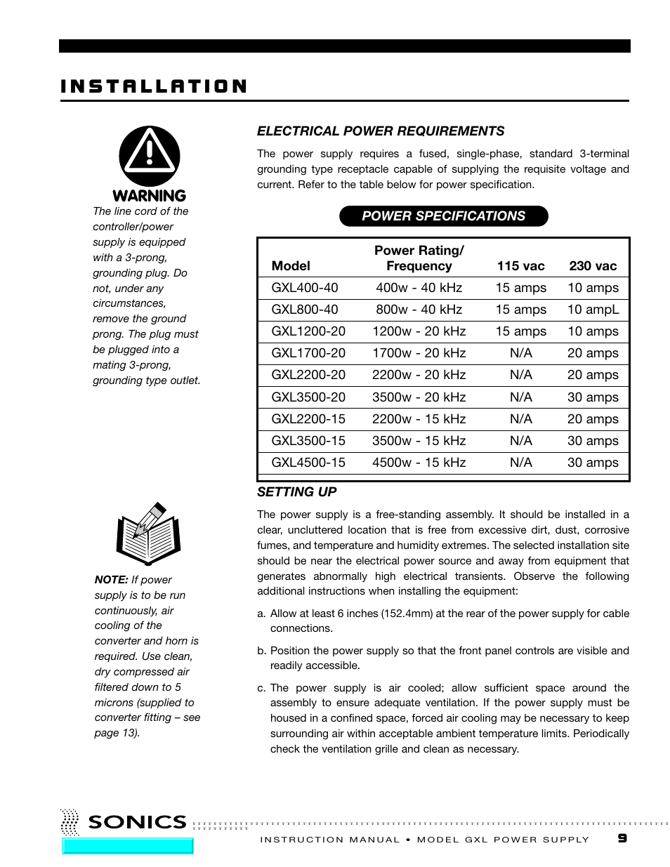 Installation, Electrical power requirements, Setting up | Sonics GXL User Manual | Page 10 / 55