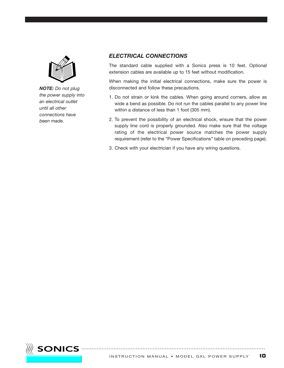 Electrical connections | Sonics GXL User Manual | Page 11 / 55