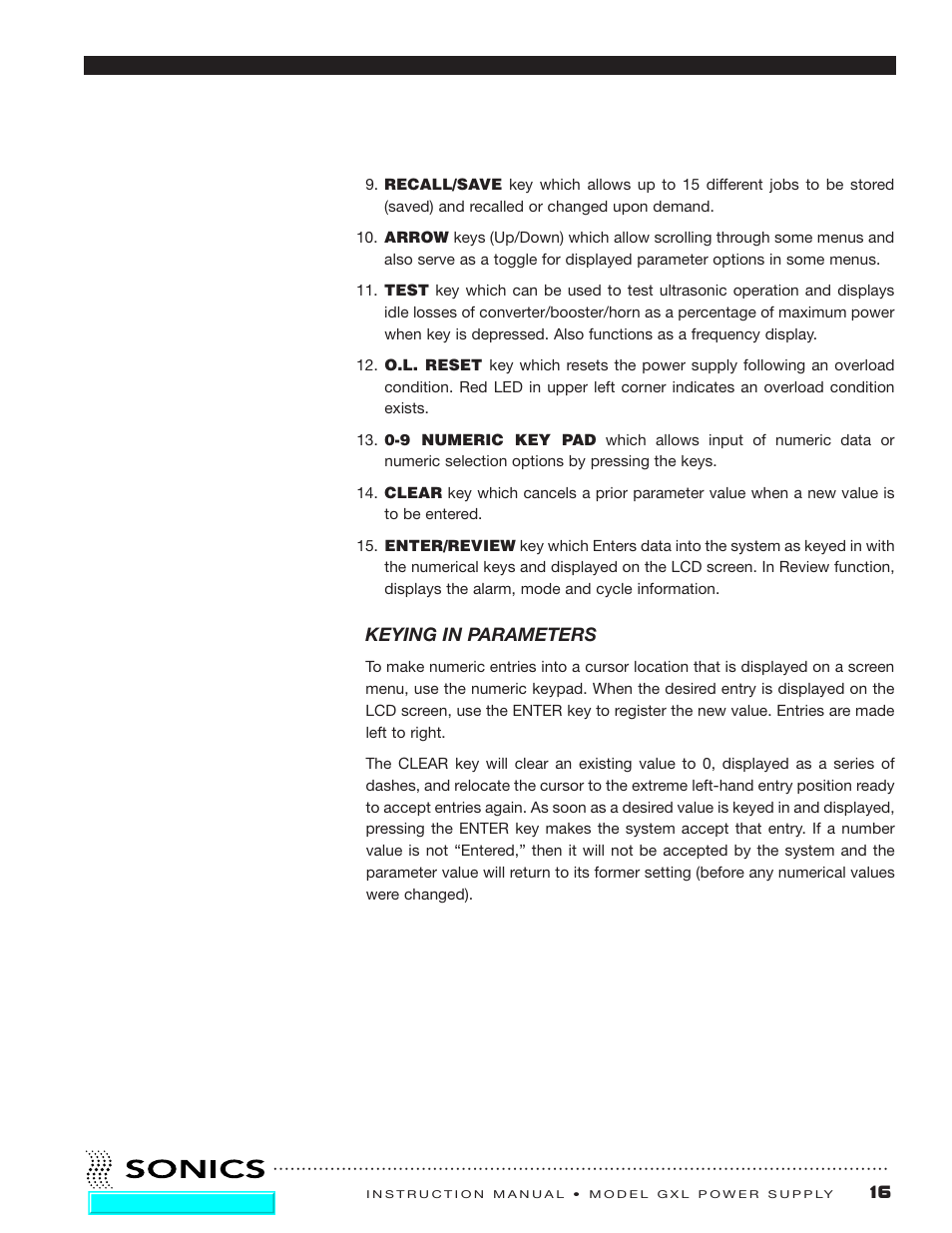 Keying in parameters | Sonics GXL User Manual | Page 17 / 55