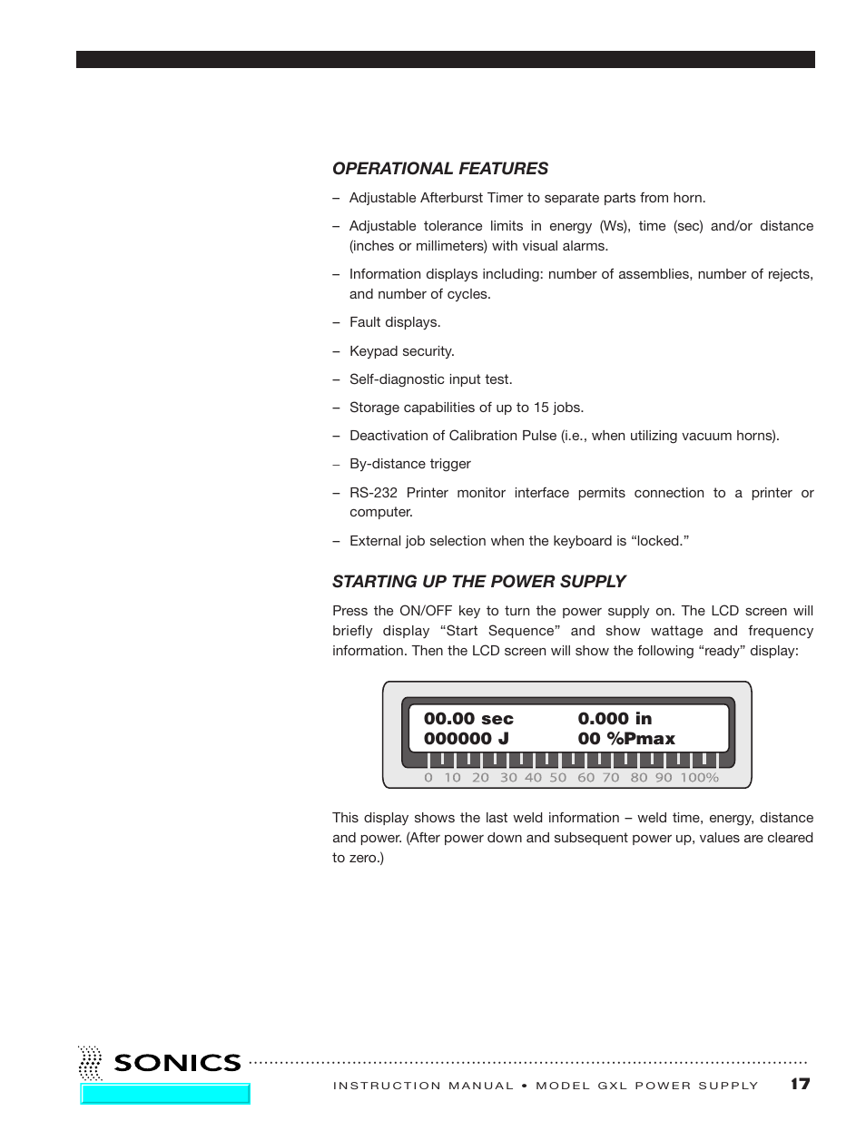 Operational features, Starting up the power supply | Sonics GXL User Manual | Page 18 / 55