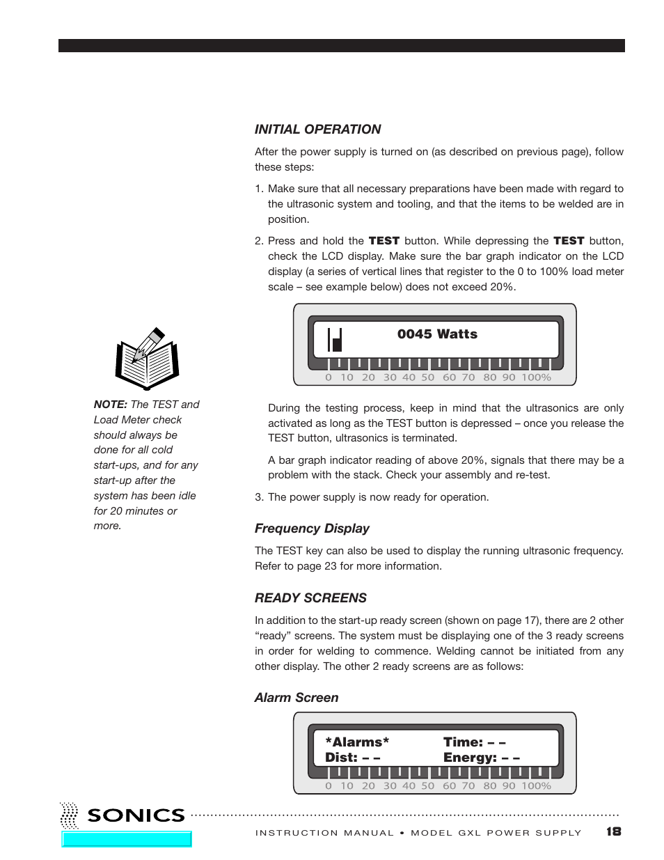 Initial operation, Ready screens | Sonics GXL User Manual | Page 19 / 55