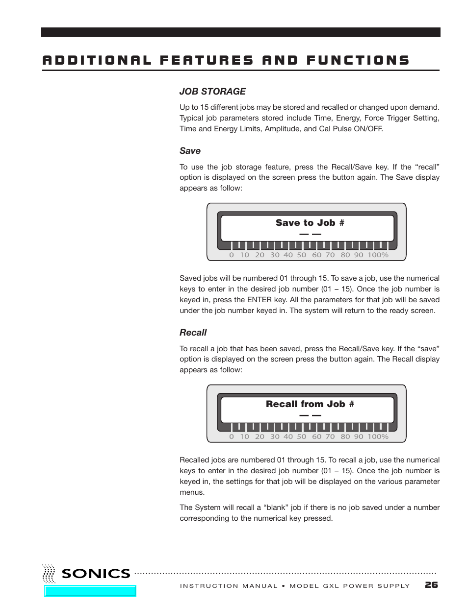 Additional features and functions, Job storage | Sonics GXL User Manual | Page 27 / 55