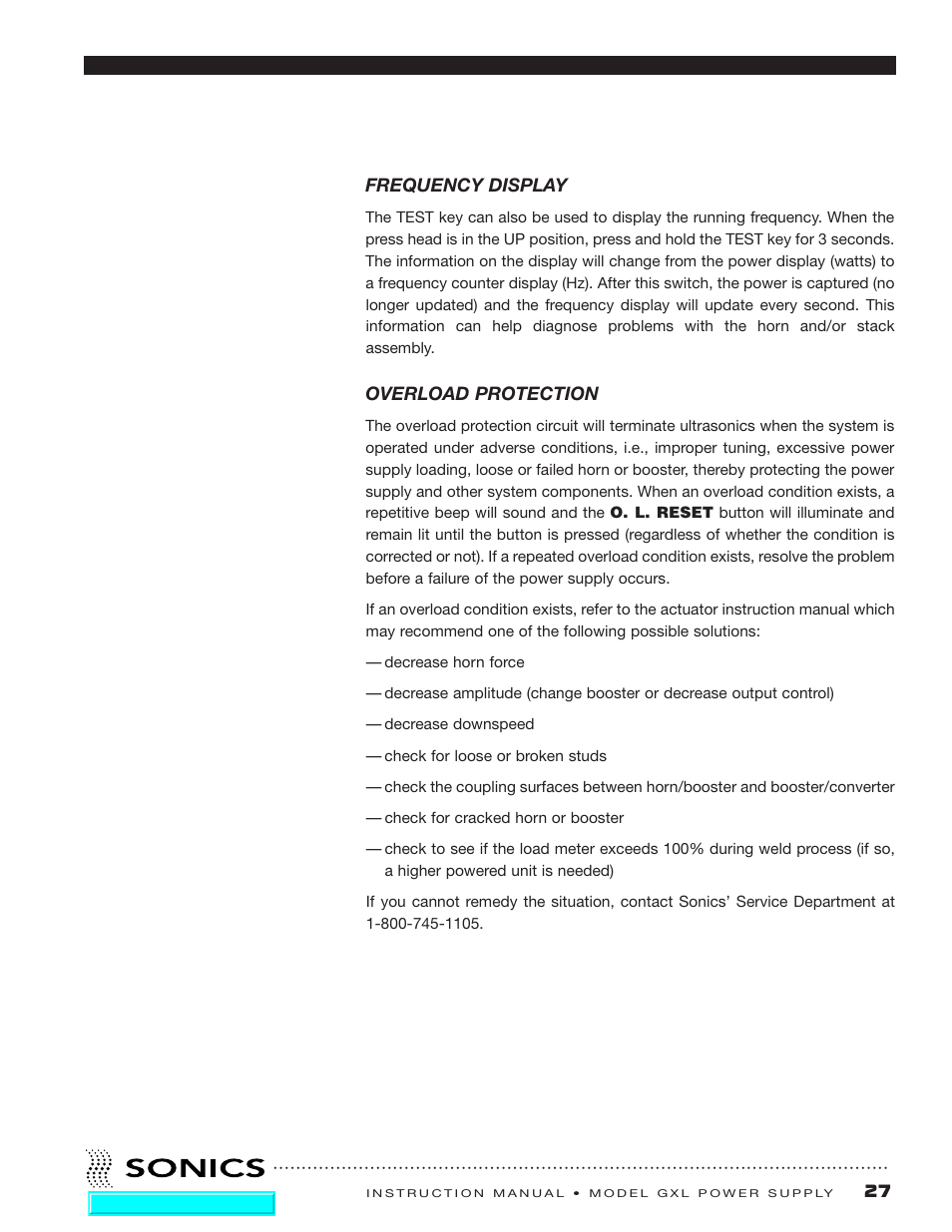 Frequency display, Overload protection | Sonics GXL User Manual | Page 28 / 55