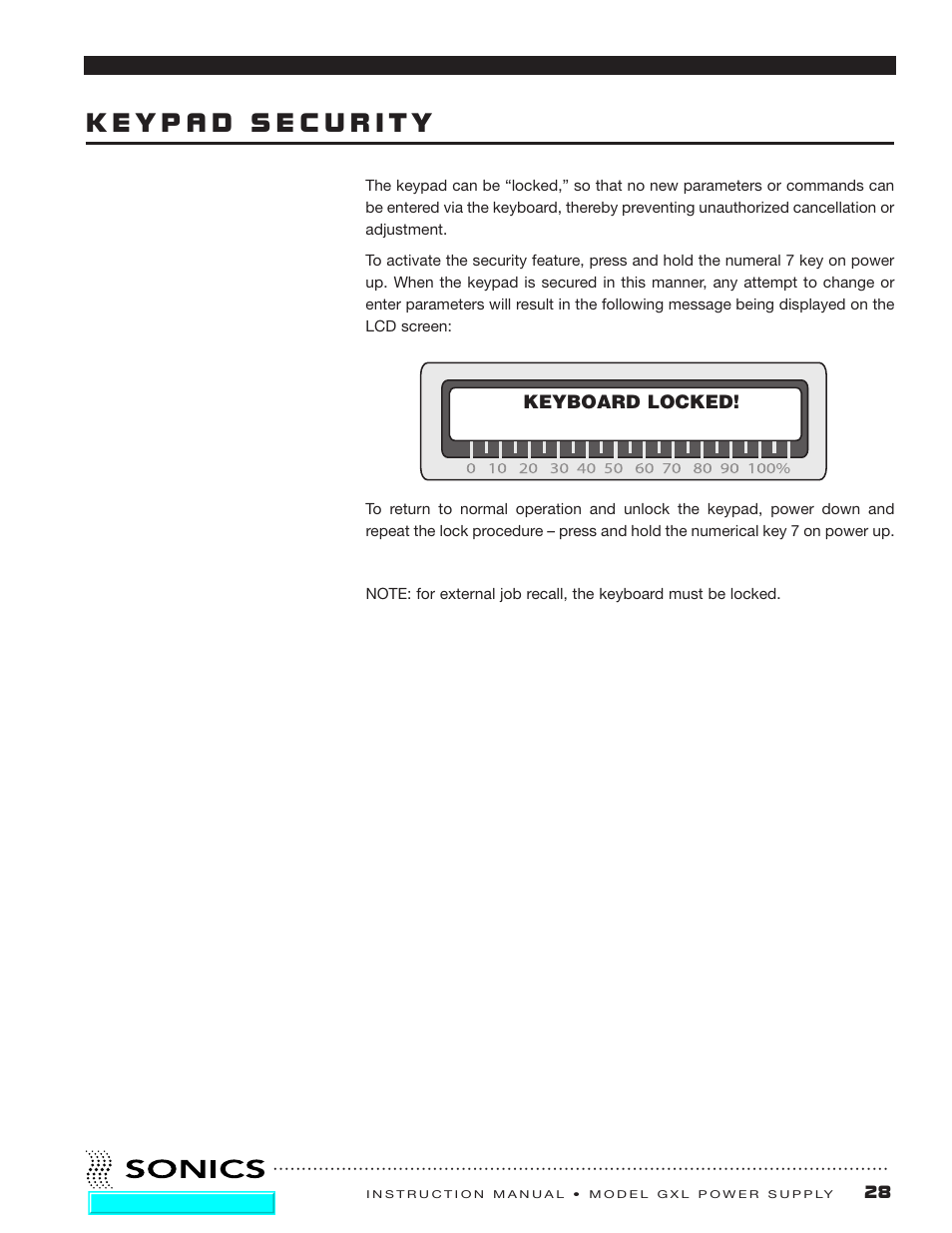 Keypad security | Sonics GXL User Manual | Page 29 / 55