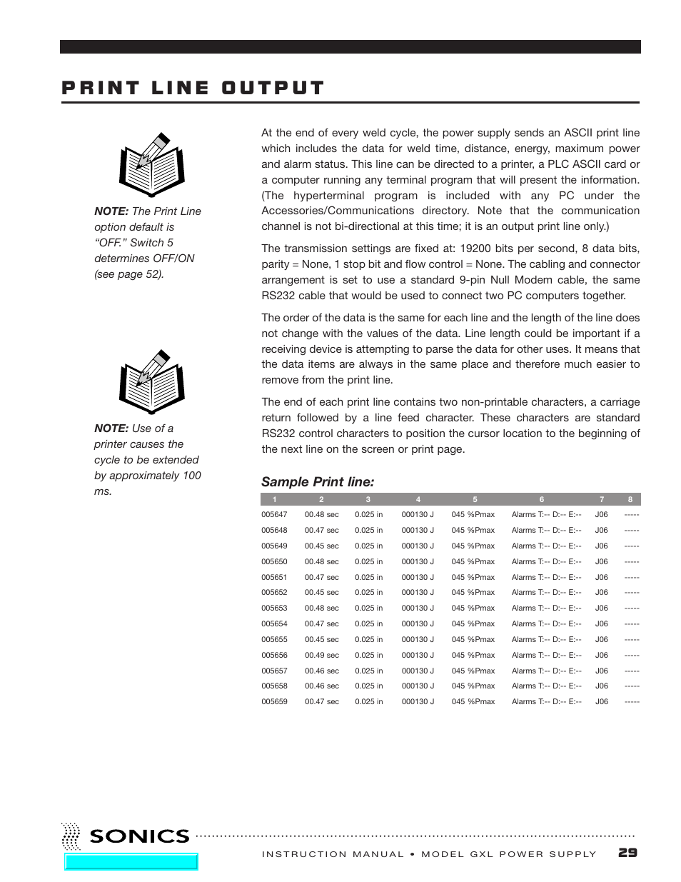 Print line output, Sample print line | Sonics GXL User Manual | Page 30 / 55