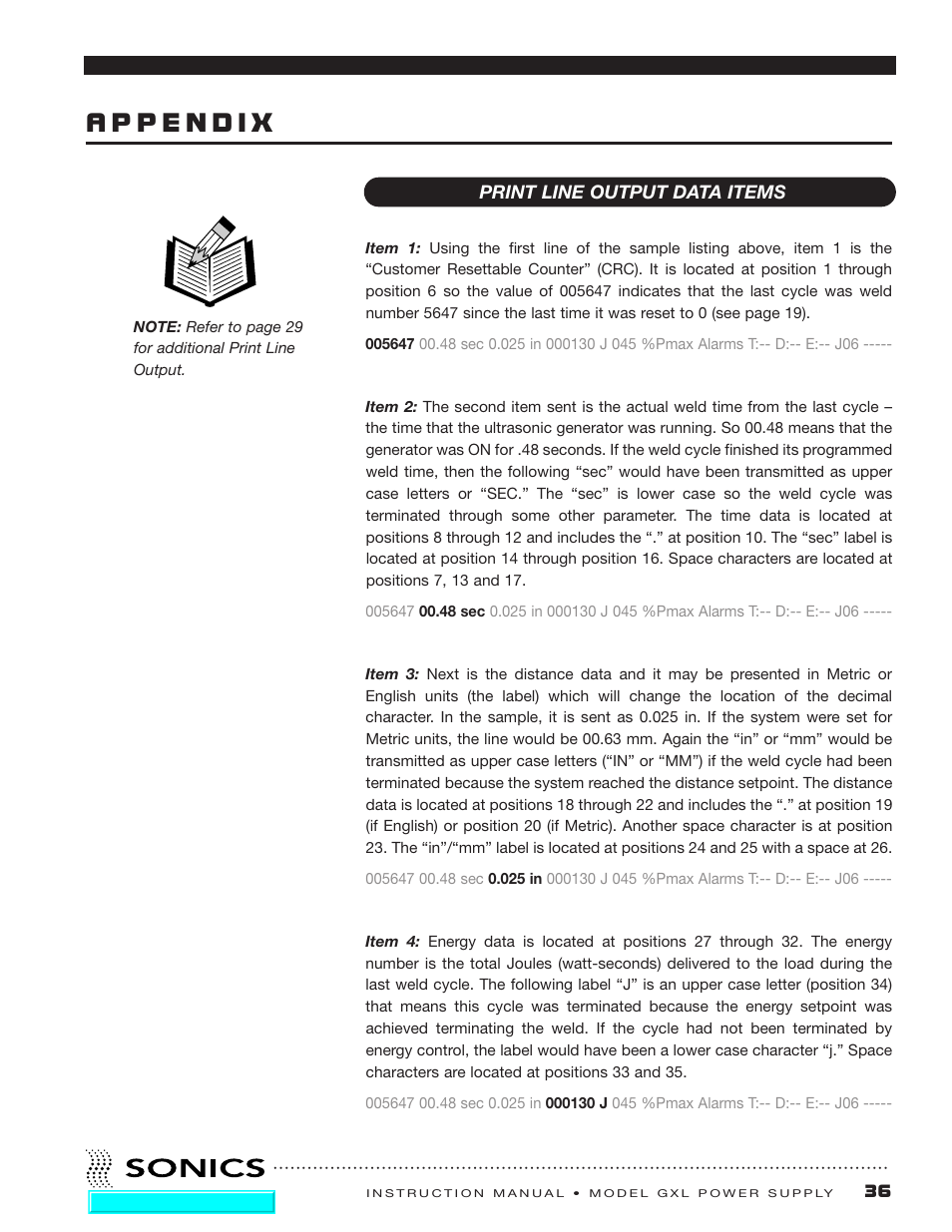Appendix, Print line output data items | Sonics GXL User Manual | Page 38 / 55