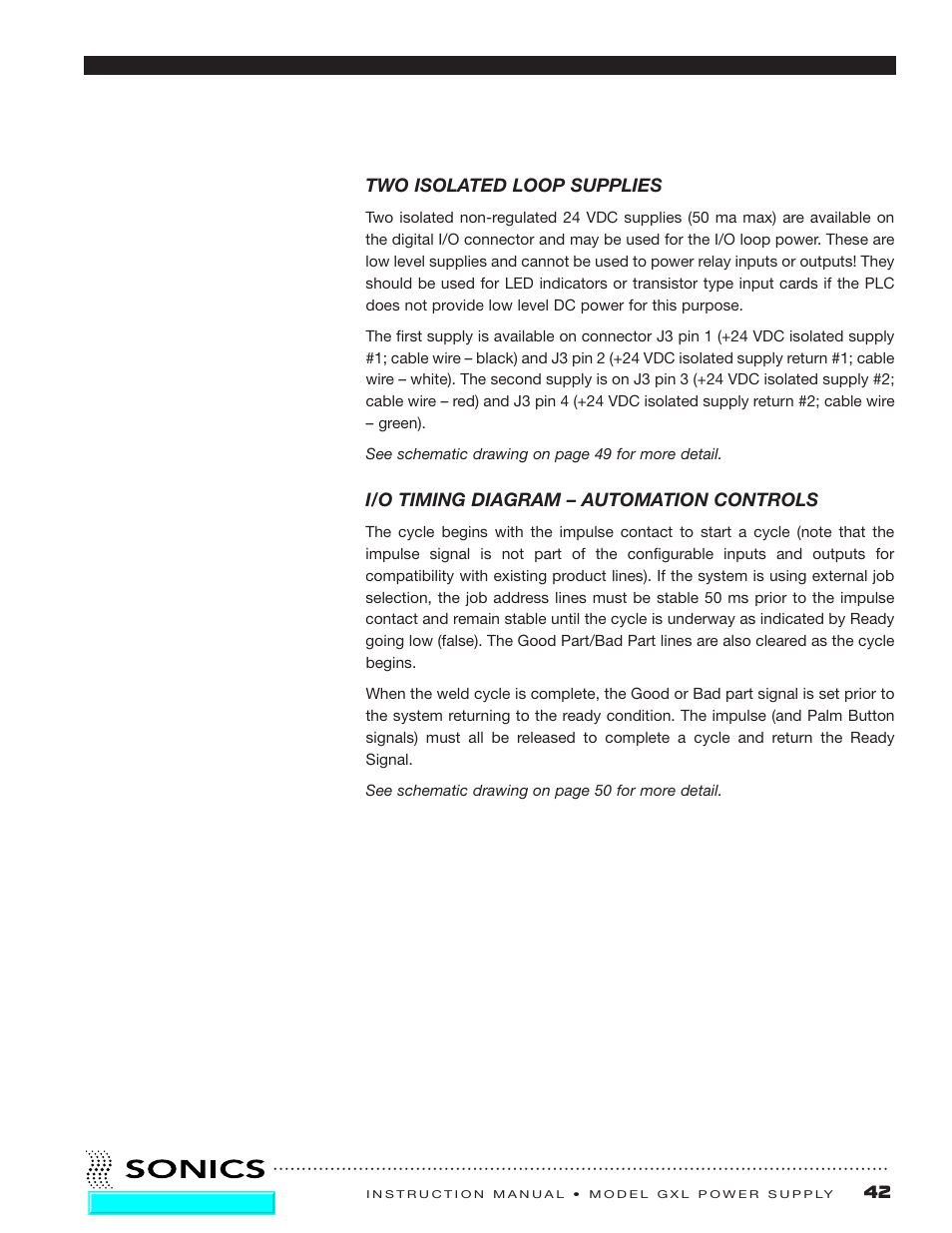 Two isolated loop supplies, I/o timing diagram – automation controls, I/o timing diagram – automated controls | Sonics GXL User Manual | Page 44 / 55
