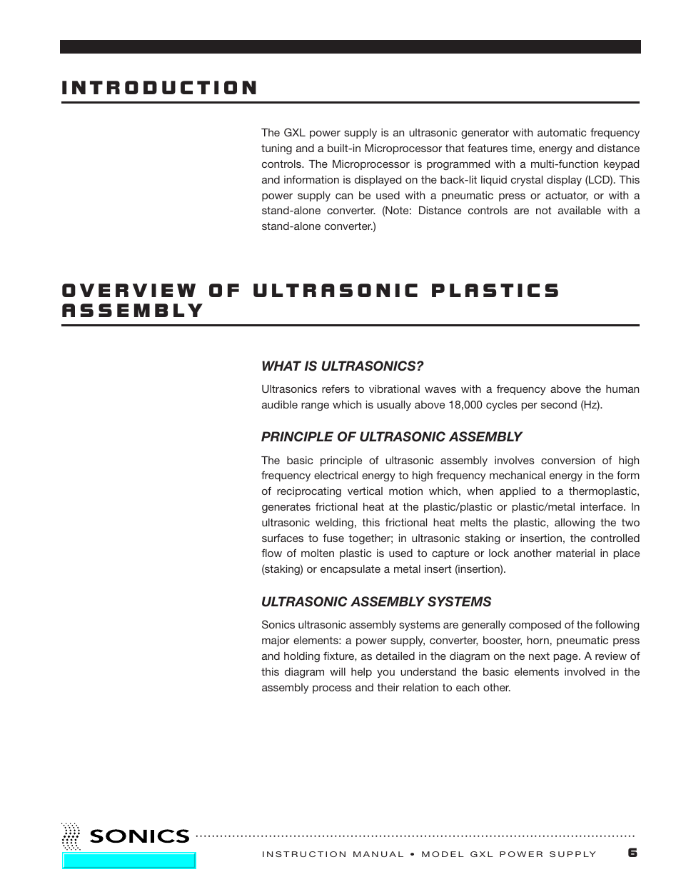 Introduction, Overview of ultrasonic plastics assembly, What is ultrasonics | Principle of ultrasonic assembly, Ultrasonic assembly systems, Principal of ultrasonic assembly | Sonics GXL User Manual | Page 7 / 55