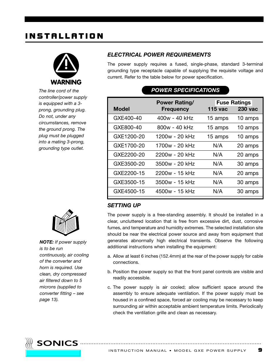 Installation, Electrical power requirements, Setting up | Sonics GXE User Manual | Page 10 / 52