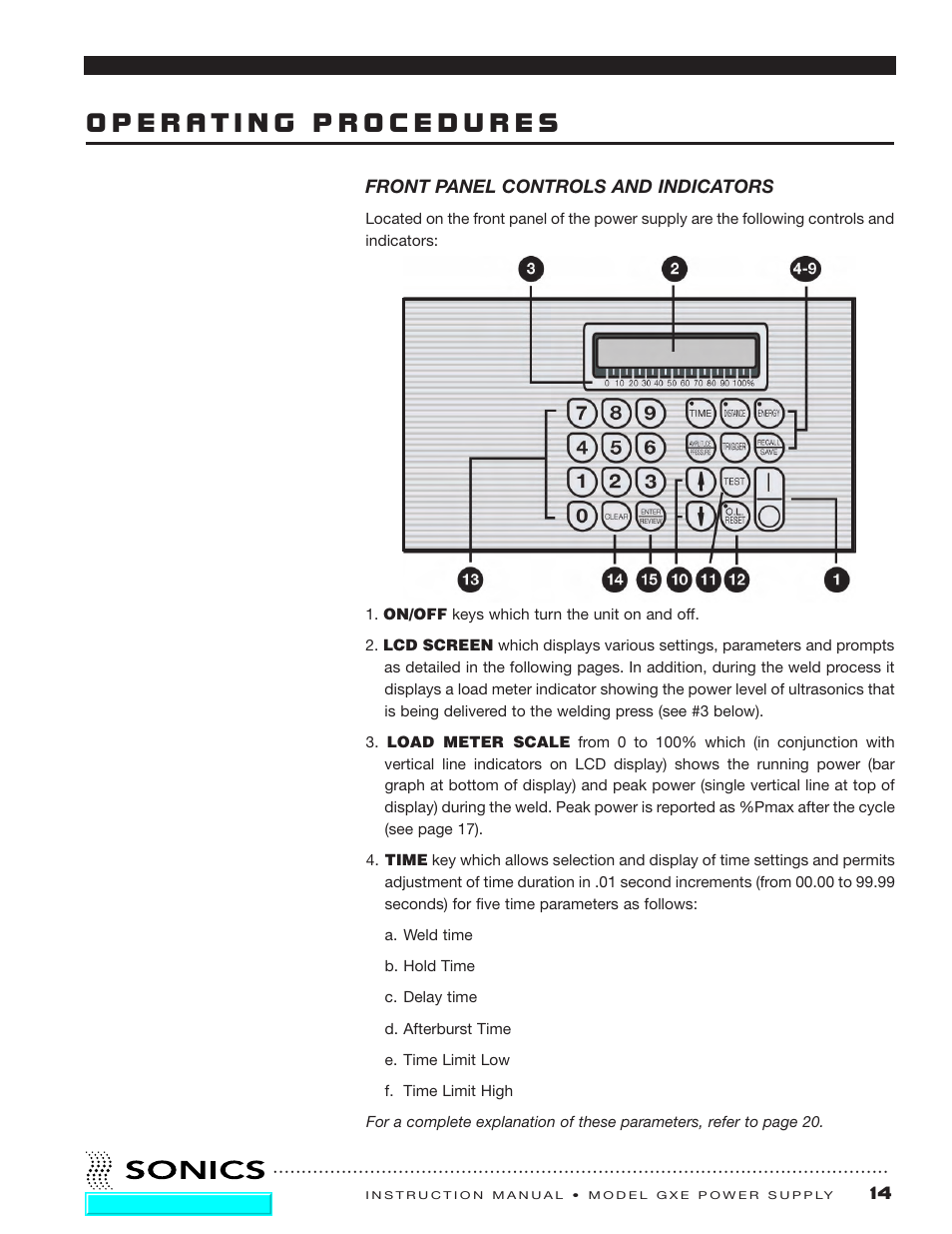 Operating procedures, Front panel controls and indicators | Sonics GXE User Manual | Page 15 / 52