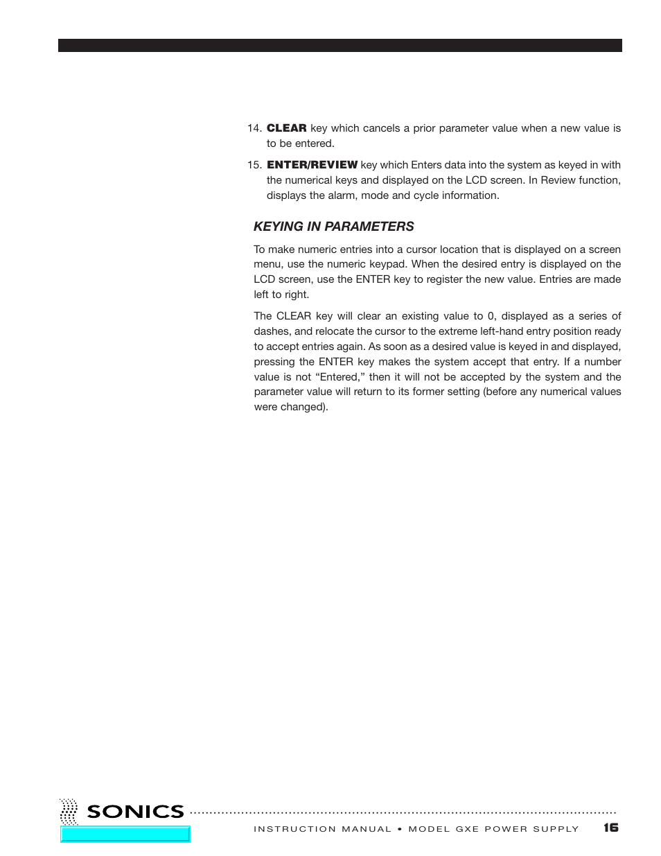 Keying in parameters | Sonics GXE User Manual | Page 17 / 52