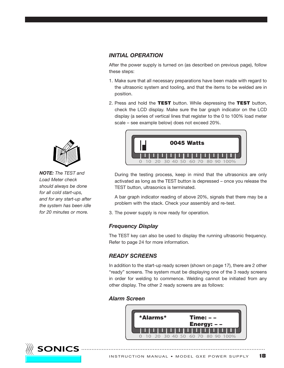 Initial operation, Ready screens | Sonics GXE User Manual | Page 19 / 52