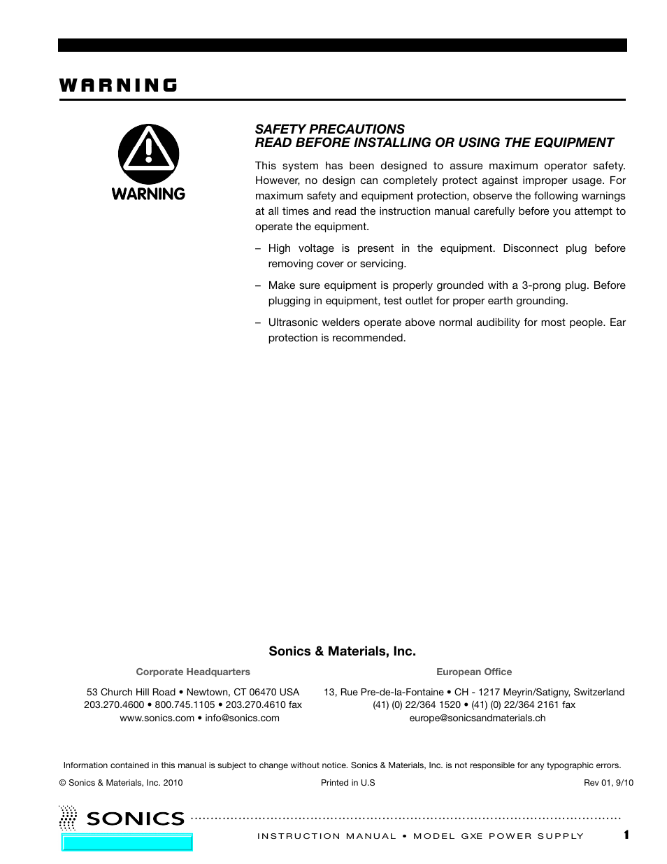 Warning, Sonics & materials, inc | Sonics GXE User Manual | Page 2 / 52