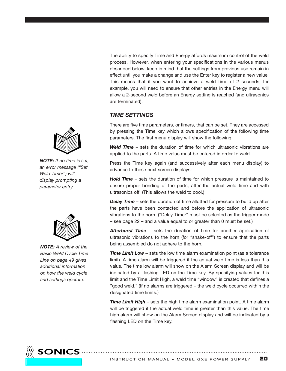 Time settings | Sonics GXE User Manual | Page 21 / 52