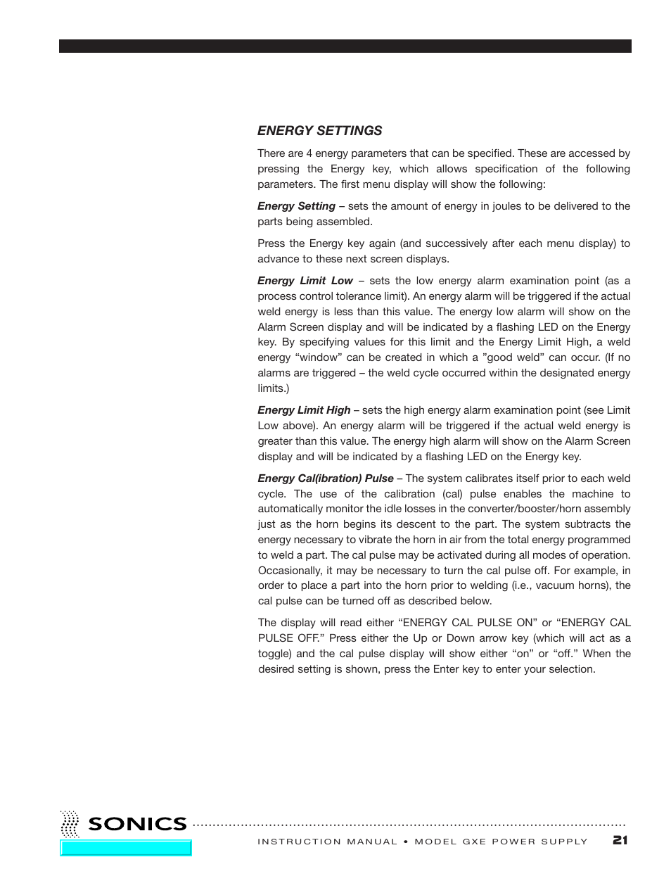 Energy settings | Sonics GXE User Manual | Page 22 / 52
