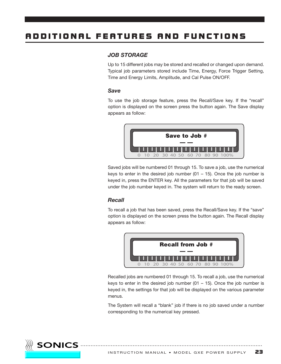 Additional features and functions, Job storage | Sonics GXE User Manual | Page 24 / 52