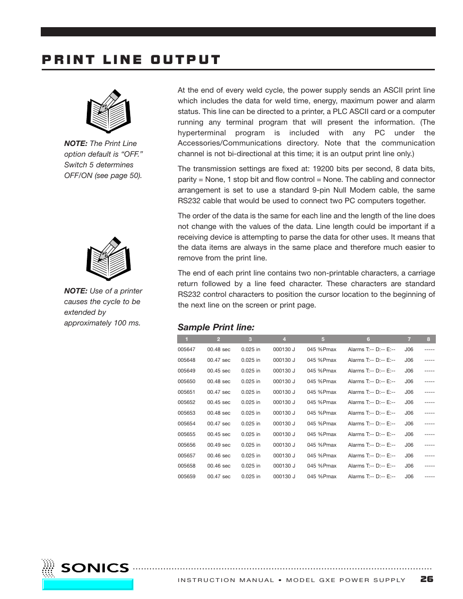 Print line output, Sample print line | Sonics GXE User Manual | Page 27 / 52
