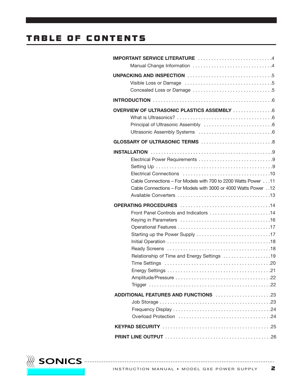 Sonics GXE User Manual | Page 3 / 52