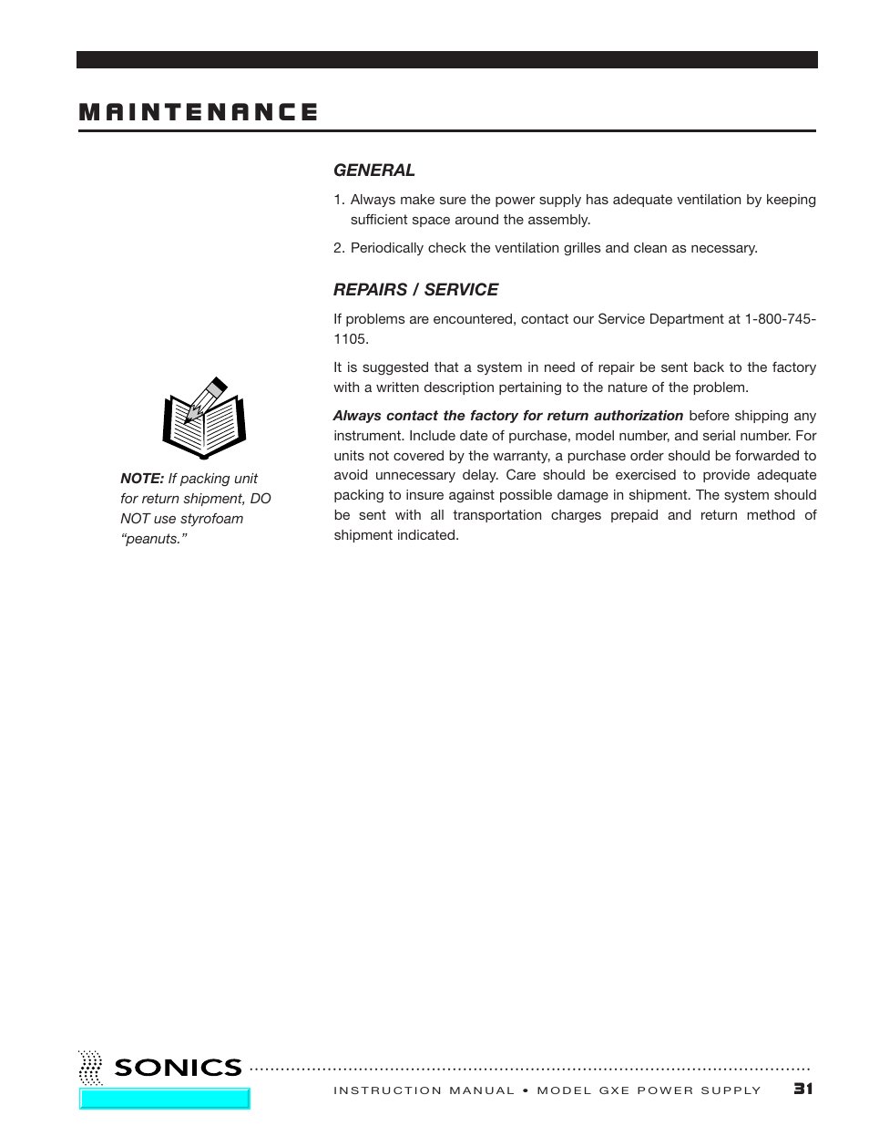 Maintenance, General, Repairs / service | Sonics GXE User Manual | Page 32 / 52
