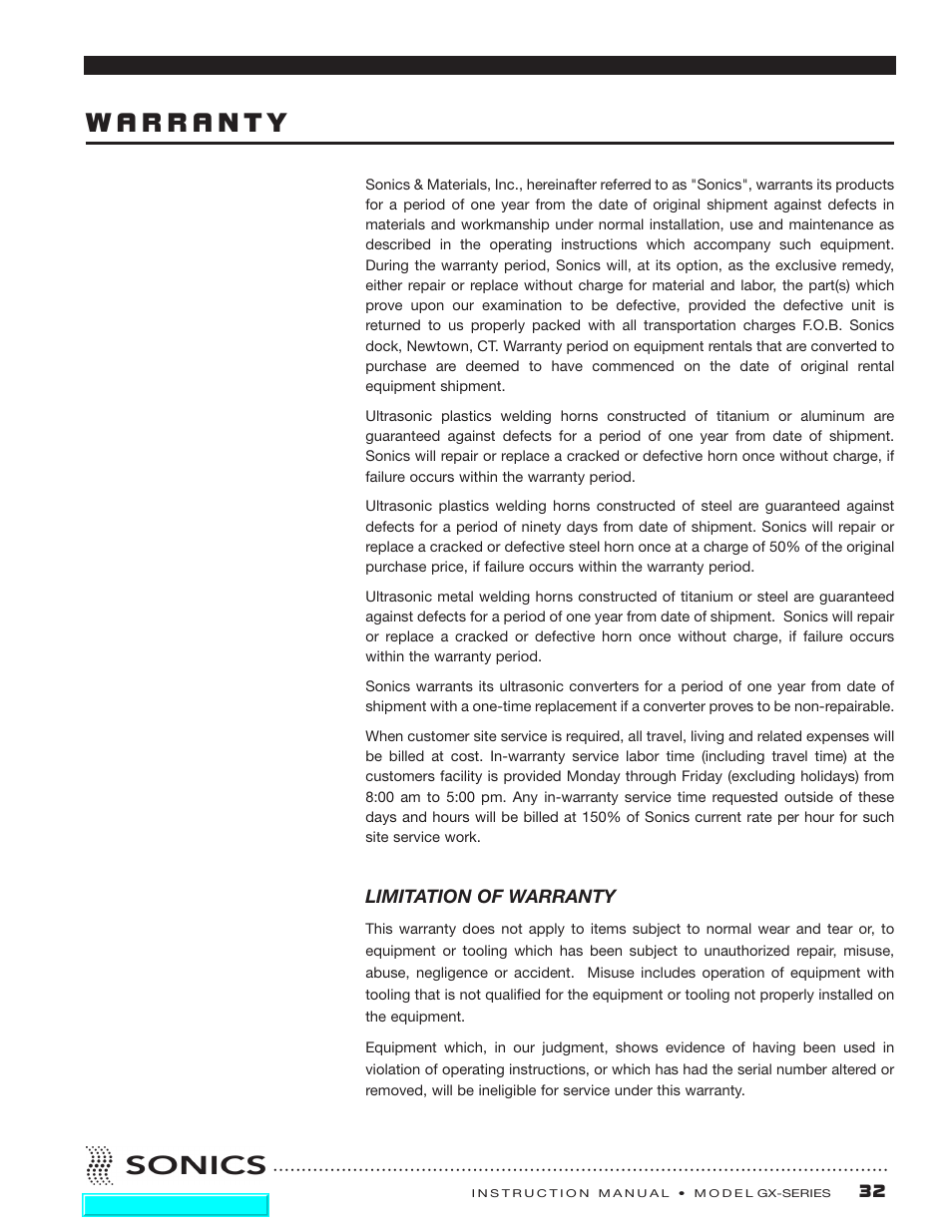 Warranty, Limitation of warranty | Sonics GXE User Manual | Page 33 / 52