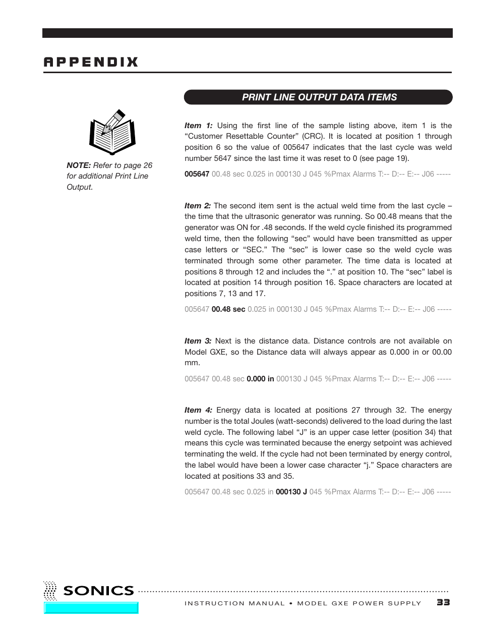 Appendix, Print line output data items | Sonics GXE User Manual | Page 35 / 52