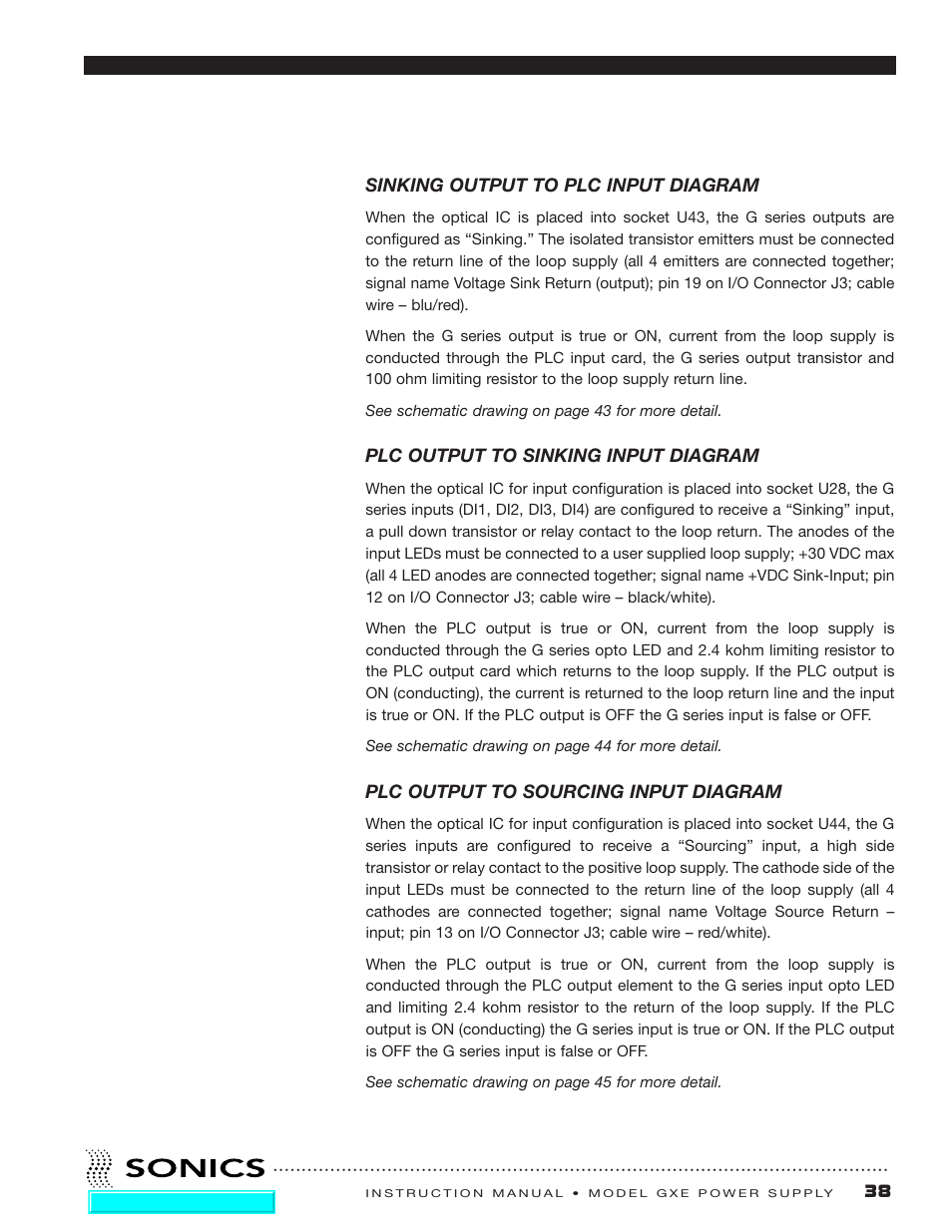 Sinking output to plc input diagram, Plc output to sinking input diagram, Plc output to sourcing input diagram | Sonics GXE User Manual | Page 40 / 52
