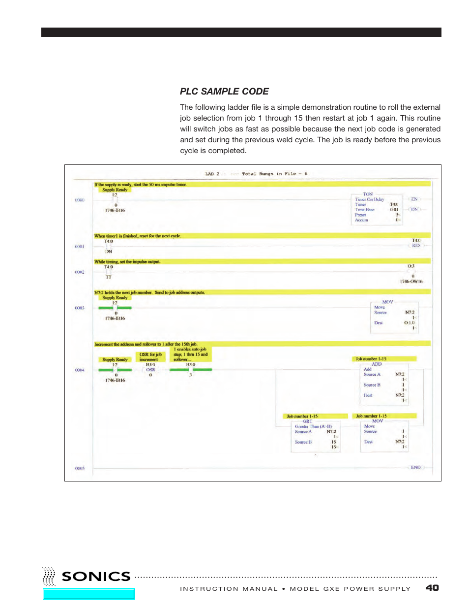 Plc sample code, 40 plc sample code | Sonics GXE User Manual | Page 42 / 52