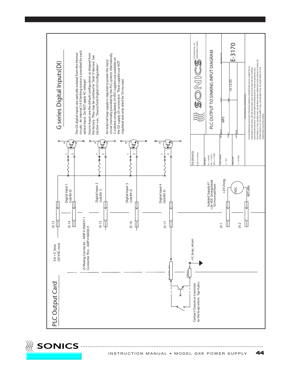 E-3170, Gser ies d igi tal inputs(di), Pl c output ca rd | Pl c output t o sinking input dia gr am, Go to top of document | Sonics GXE User Manual | Page 46 / 52