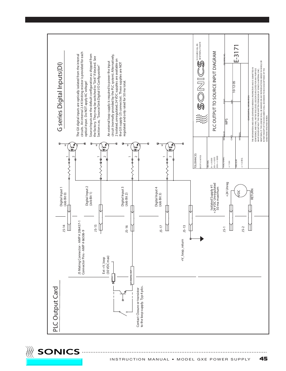 E-3171, Gser ies d igi tal inputs(di), Pl c output ca rd | Pl c output t o sou rc e in put di ag r am, Go to top of document | Sonics GXE User Manual | Page 47 / 52