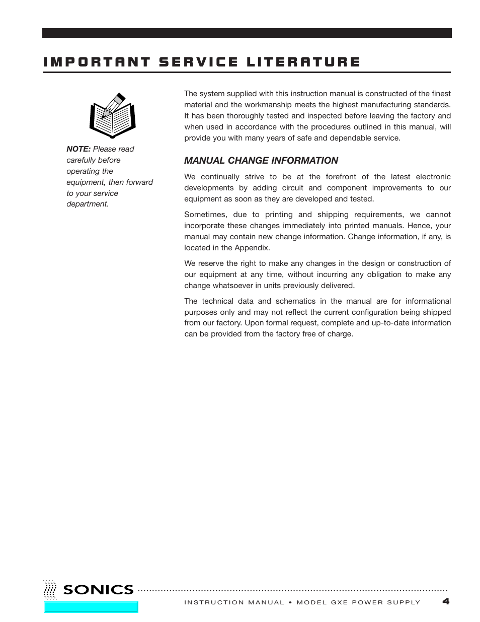 Important service literature, Manual change information | Sonics GXE User Manual | Page 5 / 52