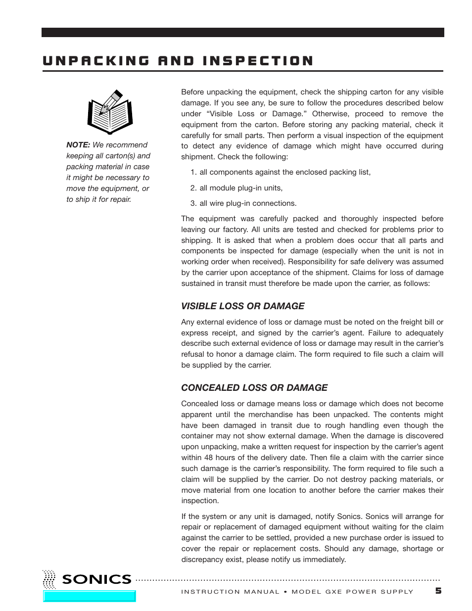 Unpacking and inspection, Visible loss or damage, Concealed loss or damage | Sonics GXE User Manual | Page 6 / 52