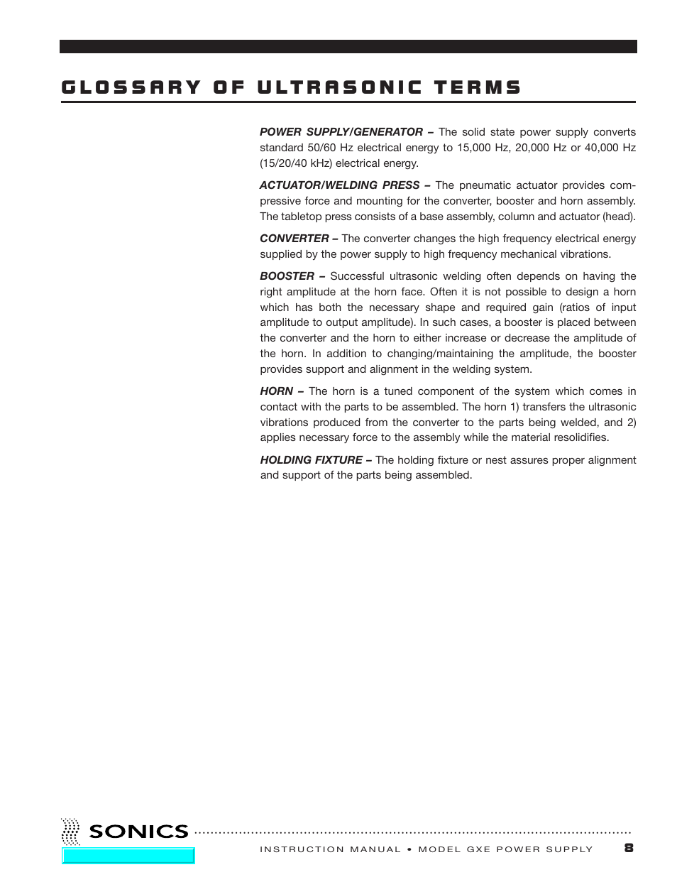 Glossary of ultrasonic terms | Sonics GXE User Manual | Page 9 / 52